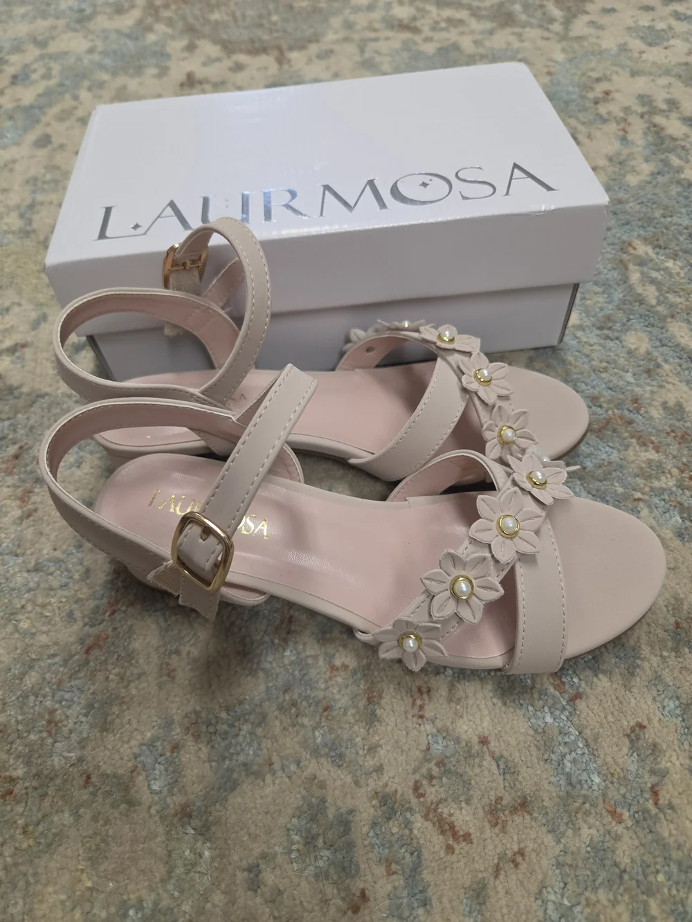 Girl's Floral Accent Dressy Ankle-Strap Sandals - Nude/blush